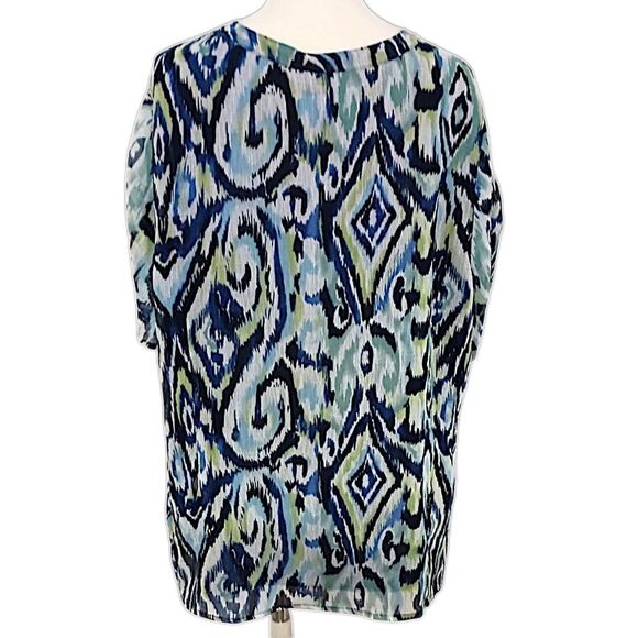 AVENUE Plus Size 2X 18 20 Button Down Blouse Ikat Short Shirred Sleeve Sheer - Picture 4 of 16